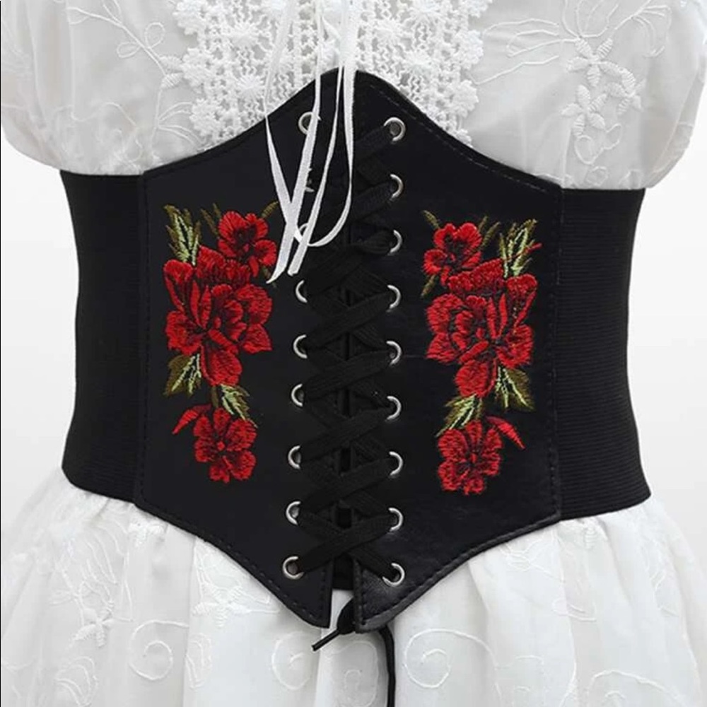 Floral Embroidered Black Corset Belt